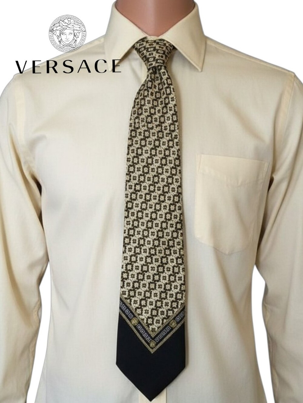 VTG Gianni Versace 100% Silk Medusa Tie Handmade Spain Authentic Black Gold COA